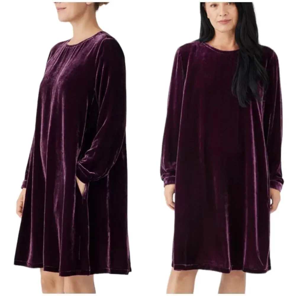 Eileen Fisher NWOT Velvet Crew Neck Dress Size S Purple Silk Blend Pockets Shift - Picture 2 of 12
